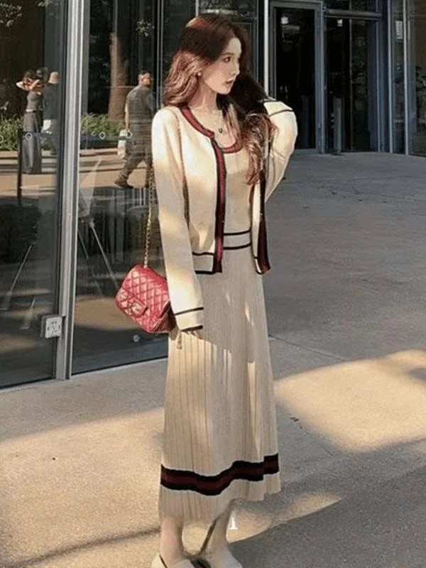 

Spring Fashion Set Soft Sweet Knitted Cardigan Base Tank Top Half Skirt Three Piece Set Women's Fragrance Style Long Sleeve C...