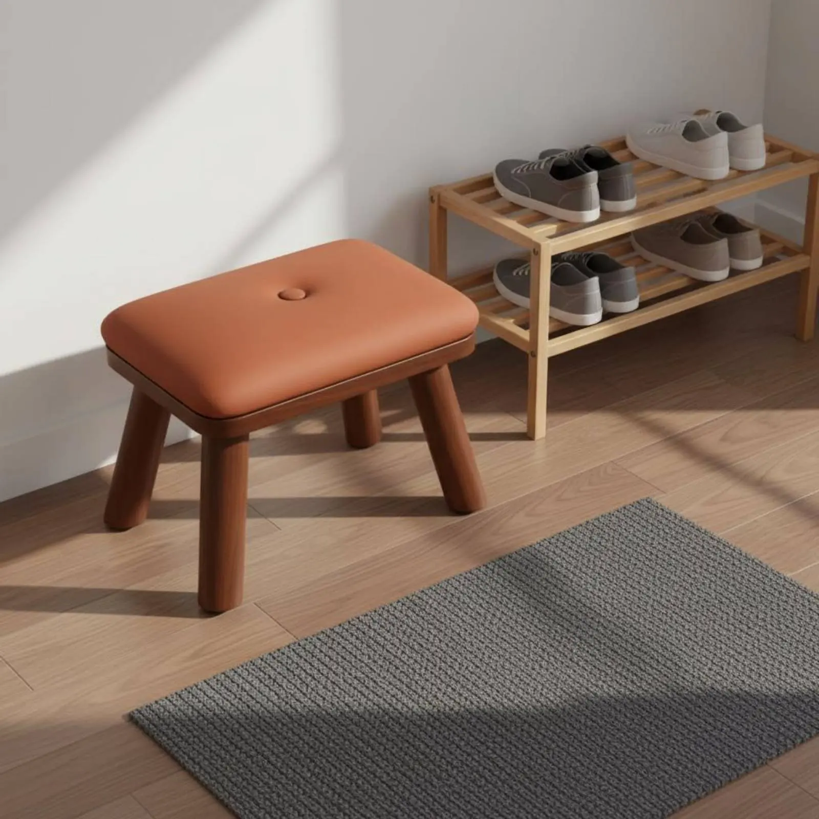 Wooden Shoe Changing Stool Stable & Sturdy Upholstered Footstool Small Square Ottoman Easy to Clean Household Furniture