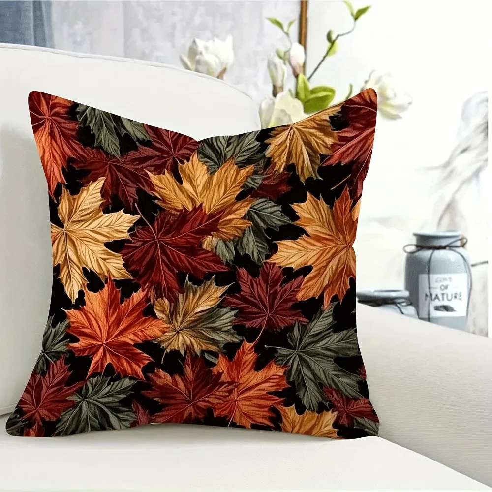 Autumn Leaf Double-Sided Decorative Pillowcase, Vivid Red Orange Yellow Foliage Pattern Cushion Cover for Living Room