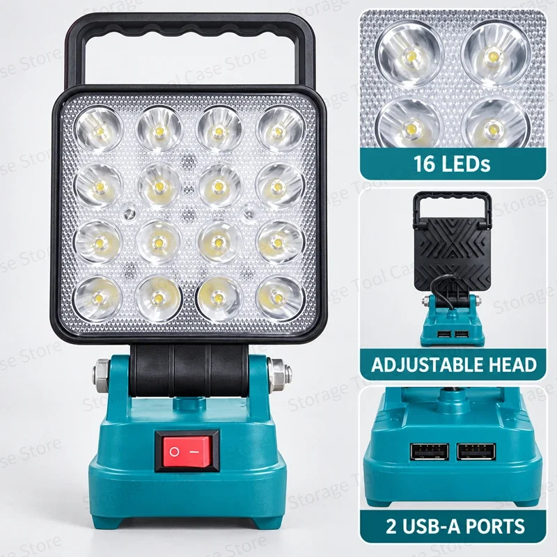 LED Jobsite Light For Makita 18V Battery Portable Cordless Lamp with 16 LEDs Dual USB Ports for Construction Maintenance Camping