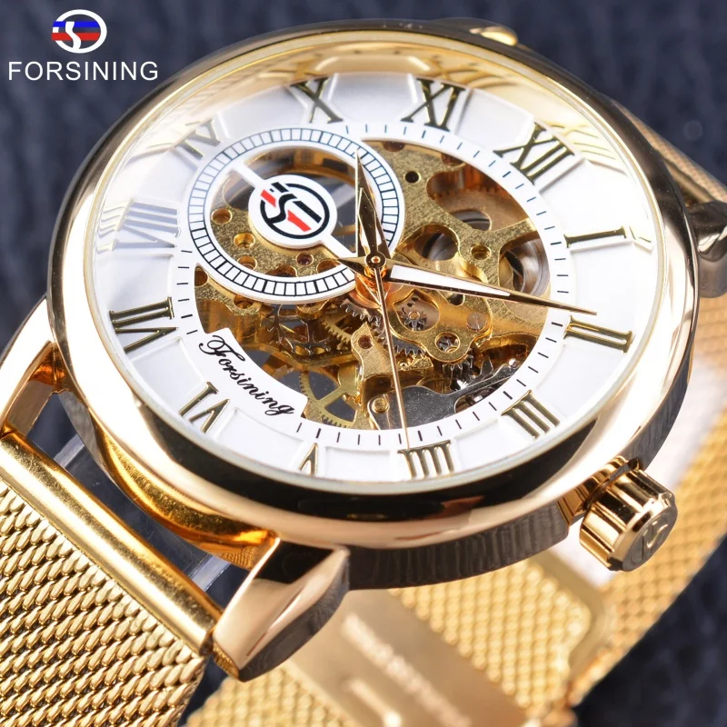 Prese di spedizione gratuite forsining Watch orologio meccanico manuale in oro cavo con cintura in rete Casual da uomo