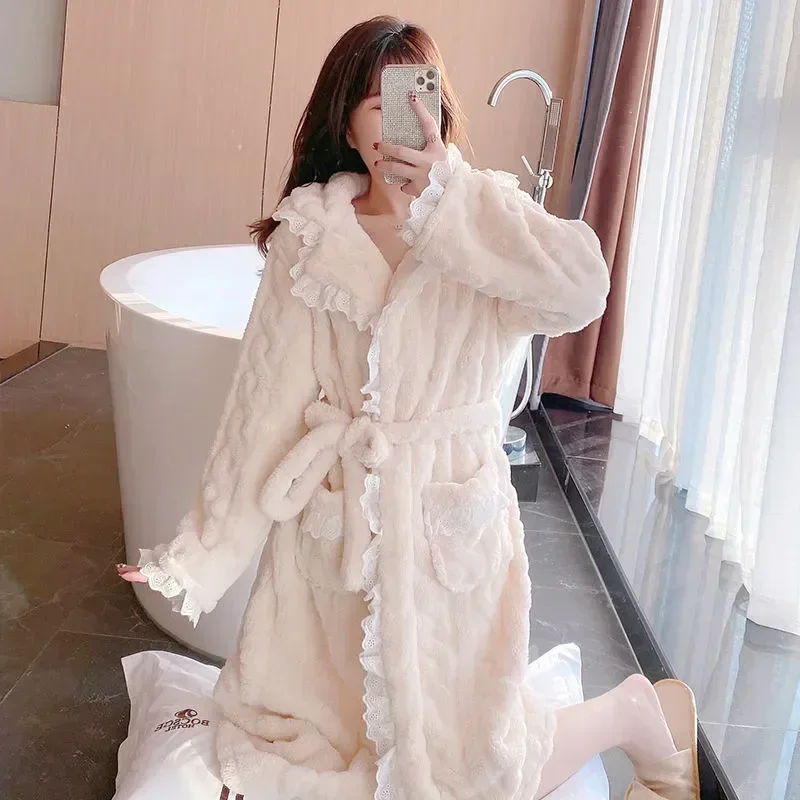 Belt Women Robe Nightdress For Pajama Warm Nightgown Wear Long Homewear Sleeve Night Lace Winter Sleepwear Japanese Solid Fleece