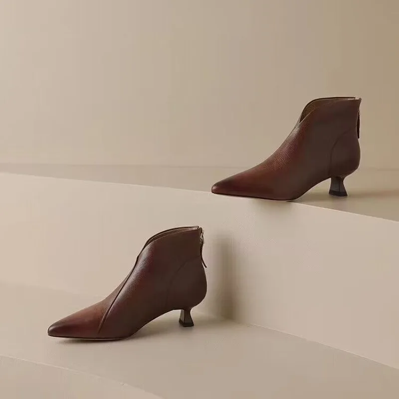 Autumn Winter Pointed Toe Women Ankle Boots Fashion Elegant Zippers Short Booties Vintage Ladies Square Heels Casual Shoes