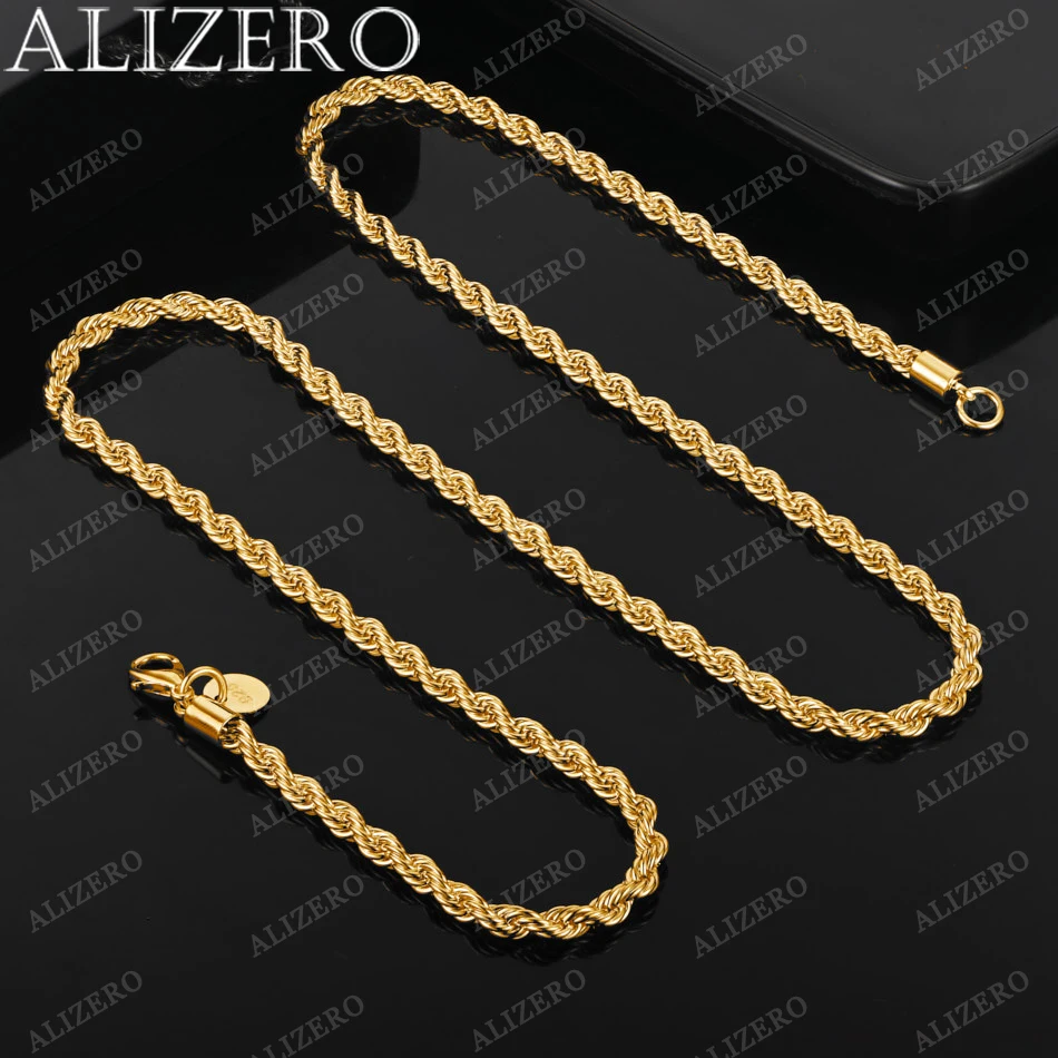 ALIZERO 925 Sterling Silver 18K Gold Plated 4MM Twisted Rope Chain Necklace For Women Men Fashion Accessories Jewelry 16-24inch