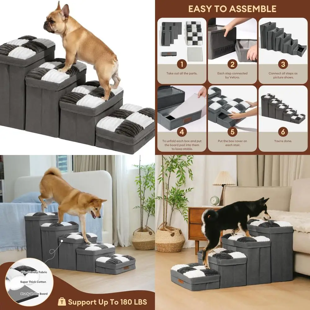 

4-ступенчатая складная клетчатая лестница для собак с шахматной доской и местом для хранения для маленьких и средних собак и кошек, серая
