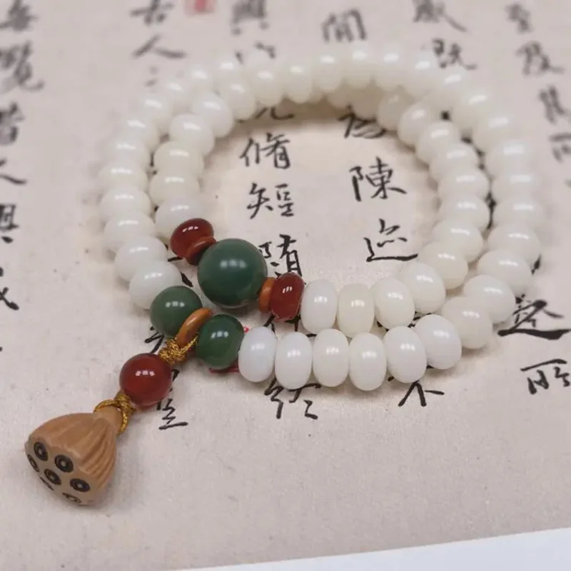 Cream Topaz and Bodhi Root Bracelet Men's and Women's Buddha Bead Wen Play Abacus Bead Double Circle Wen Play Lotus Canopy