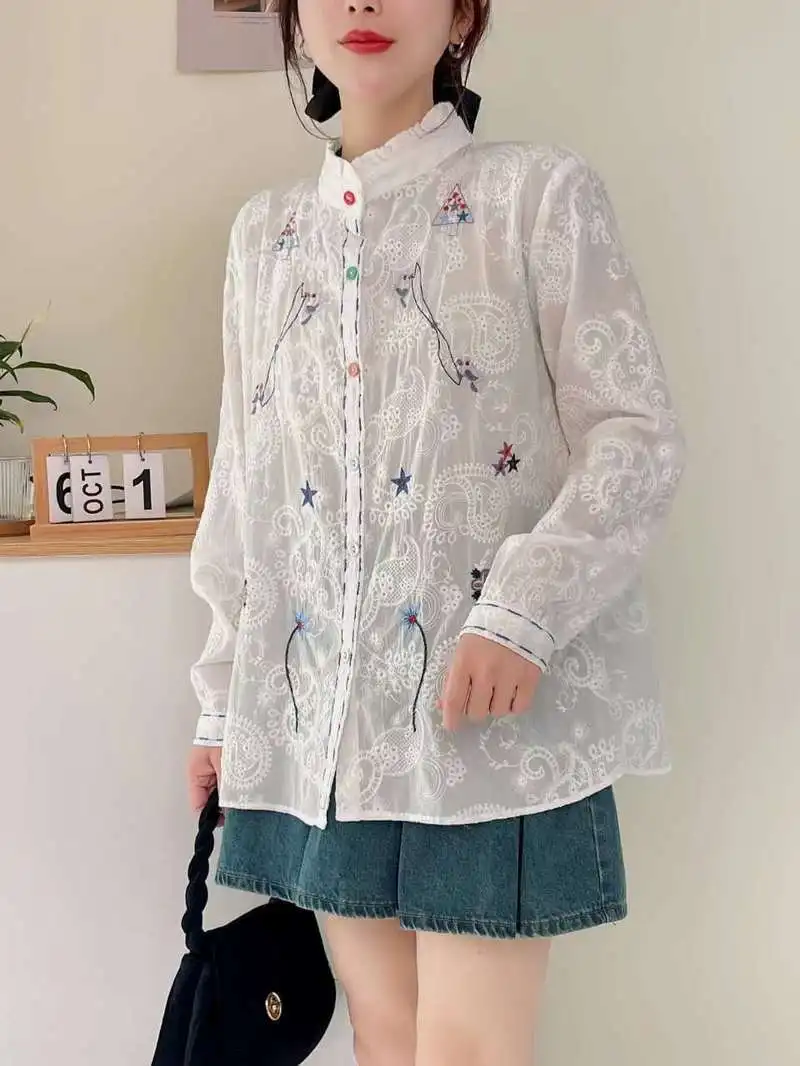 New Summer Cotton Long Sleeve Shirt, Women Stand Embroidery Ruffles Tops, Mori Girl Casual Loose Sweet Blouse, Autumn T48303QC