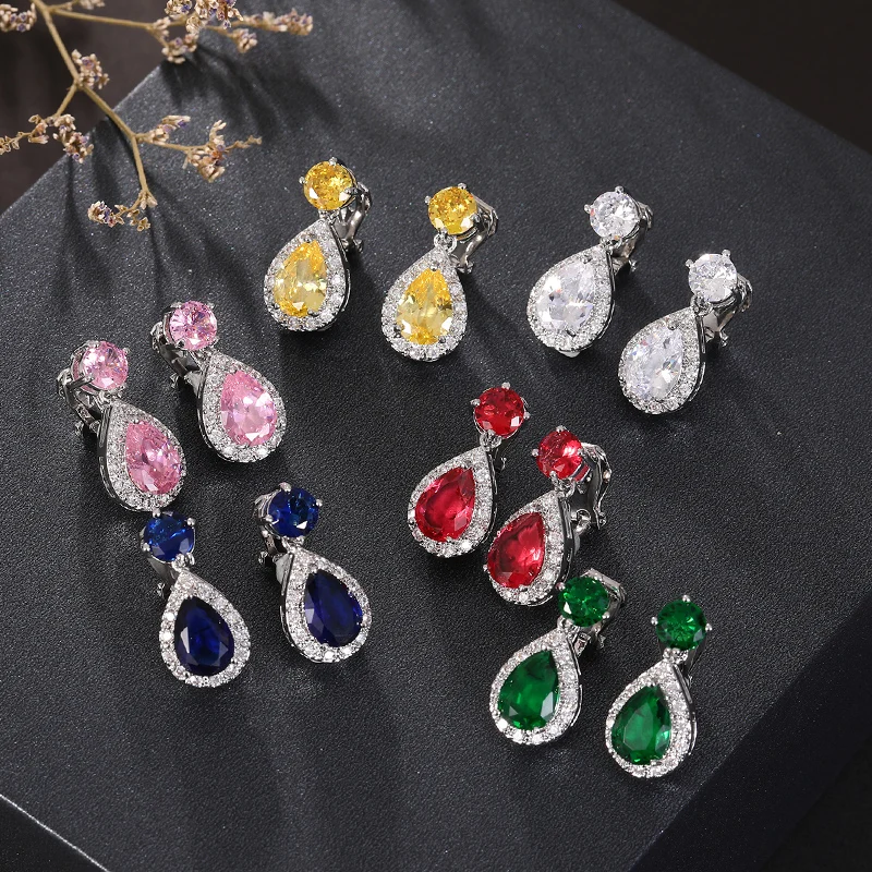 High Quality Geometric Drop Colorful Zircon Clip on Earring for Women Without Piercing Ear Clip for Women Luxury Wedding Jewelry