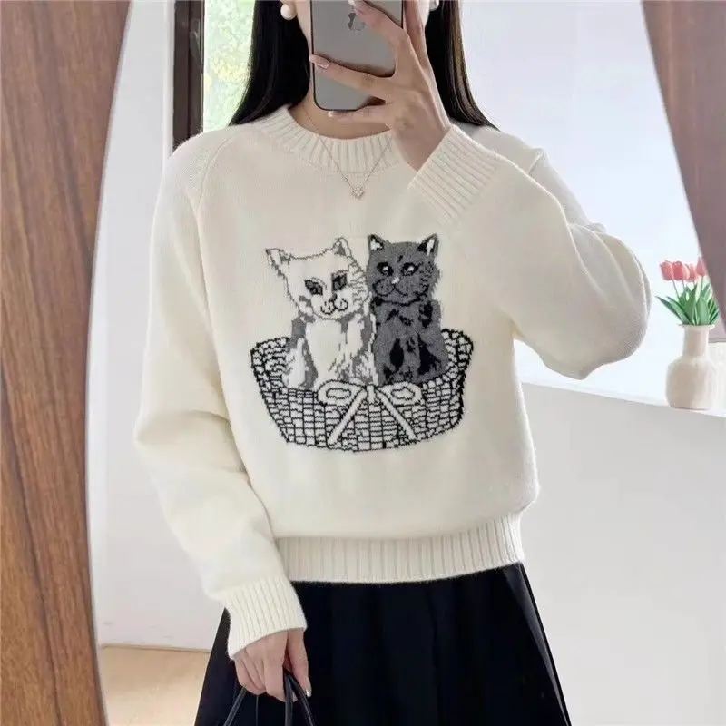 

Women Clothing Vintage Loose O-neck Thick Sweaters Soft Wool Pullovers Autumn Winter New Chic Embroidery Knitted Jumper