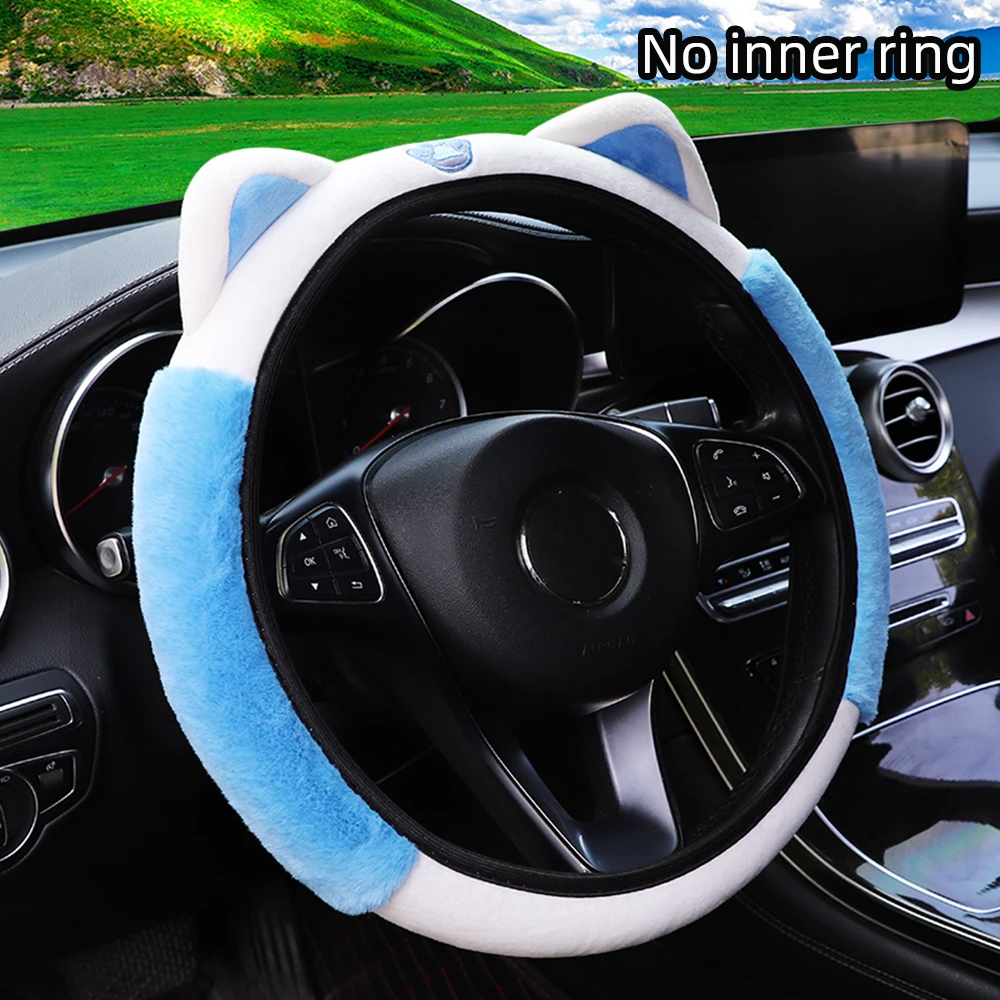 Niedliche Katzenohren-Lenkradabdeckung aus Weichem Plüsch, Warm für den Winter, Auto-Handschutz-Zubehör ohne Innenring, Geeignet für 14,5-15 Zoll Lenkräder – Detail 7
