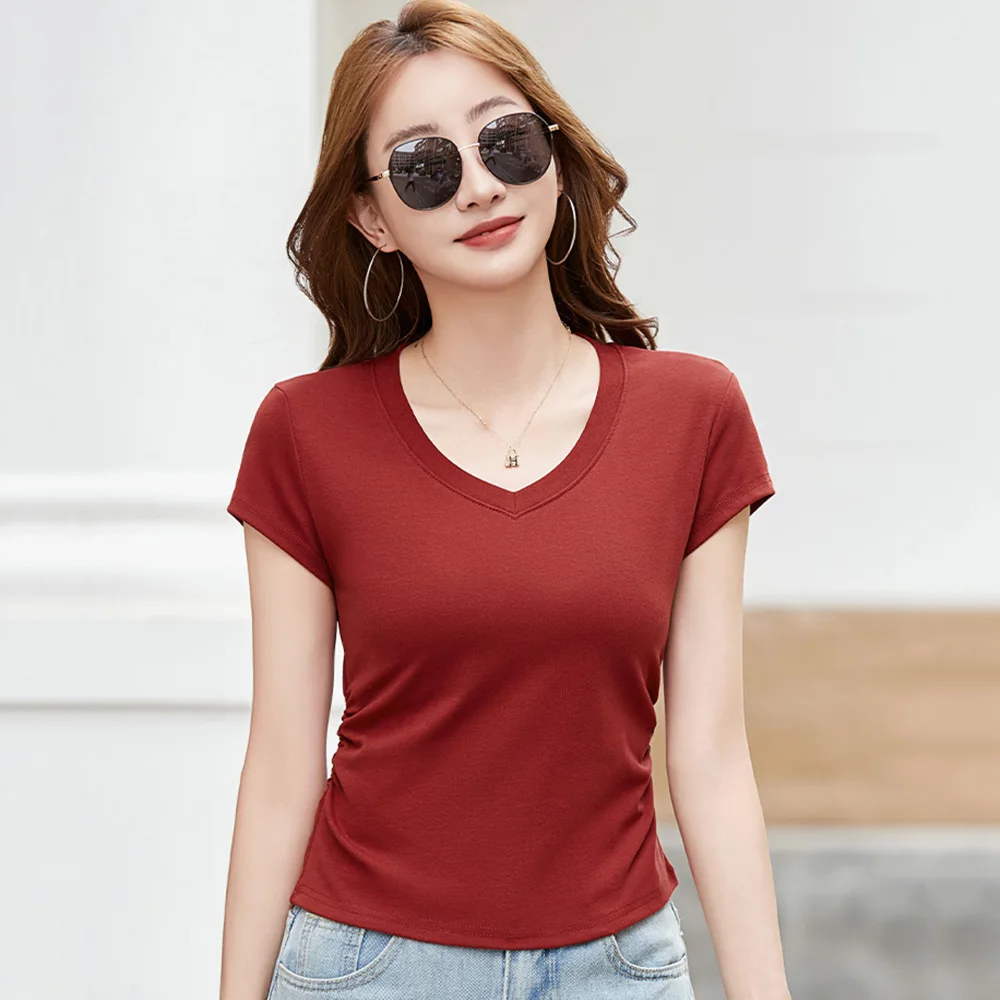 

New Women Summer Basic Short T-shirt Fashion V-Neck Short Sleeve Folds Slim Solid Color Tees Simplicity Casual Easy match Tees