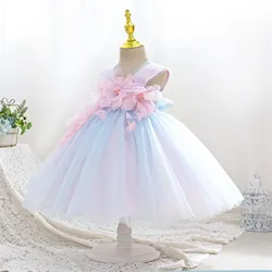 Toddler Girl Flower Birthday Tulle Dress Backless Bow Wedding Gown Kids Party Wear Princess Blue Dress Baby Girl Bowknot Dresses