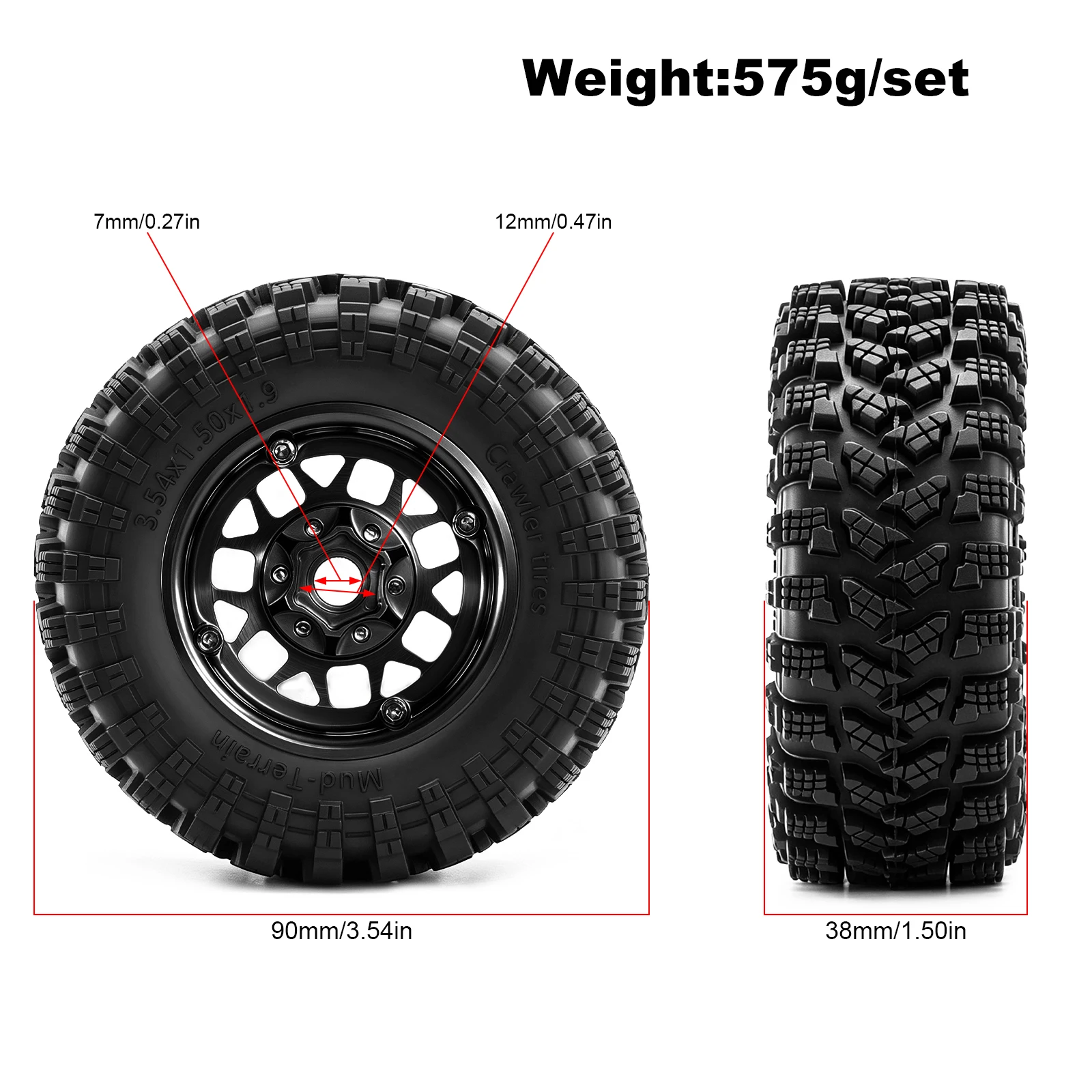 4pcs 1.9'' 90*38mm Mud Terrain Tire Tyres & Beadlock Wheel Rims Set for 1/10 RC Crawler Car Axial SCX10 TRX4 GEN7/8 D90 HSP