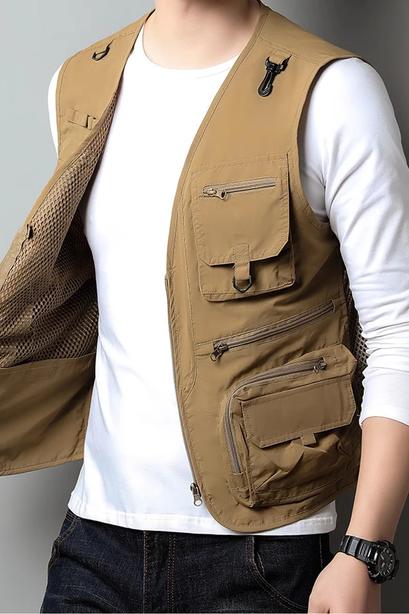 Multi functional photography camera mesh fishing vest with multiple pockets, spring style men's oversized pocket vest