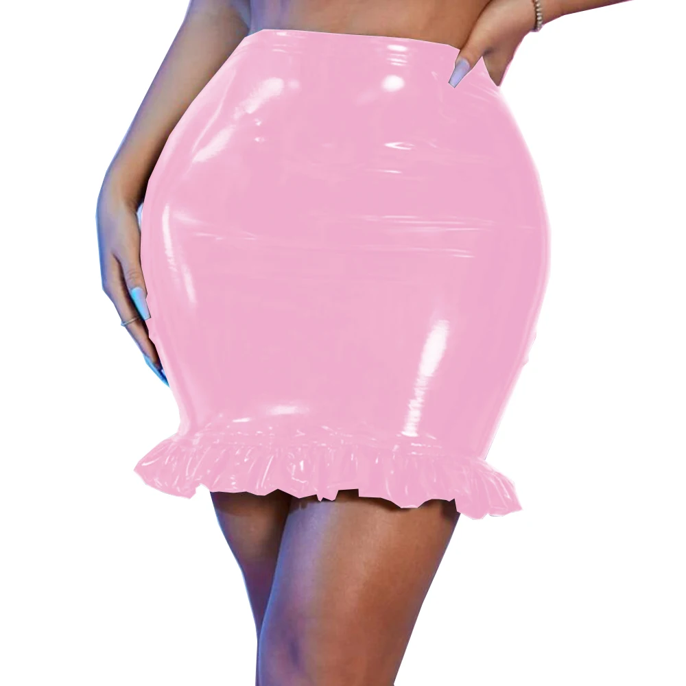 Sexy Shiny PVC Mini Party Skirt for Women, Mermaid Ruffles, Stretch Short Skirt, Fetish Kilt, Club, Dance, Music, Festoon Skirts