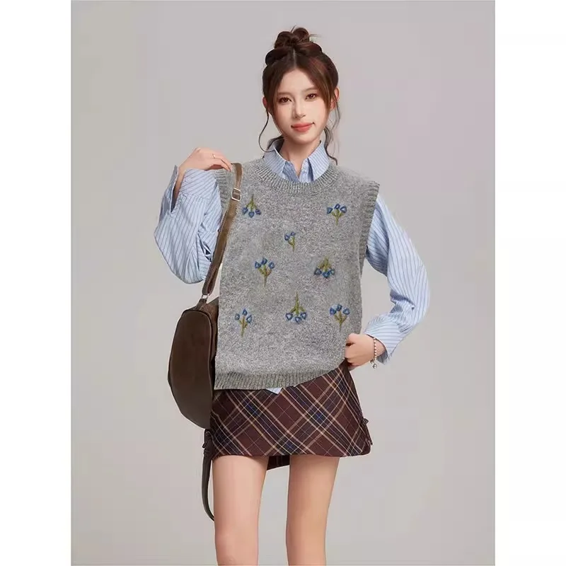 Women Sweater Vest Print Sleeveless Round Neck Vests Casual Spliced Knitted Jumpers Vintage Office Lady Sweaters Autumn 2026