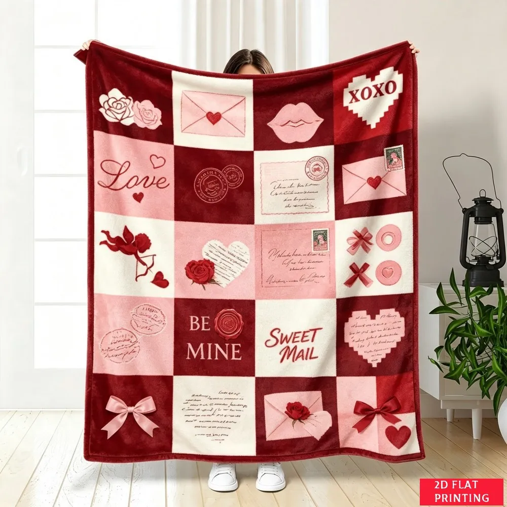 Red Pink Heart Envelope Valentine Patchwork Flannel Blanket For Romantic Bedroom Decor Soft Warm Throw Blanket Gift