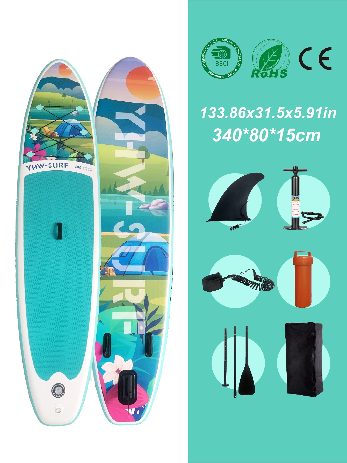 Deska SUP (Stand-Up Paddle Board) z pompką, akcesoriami, plecakiem, linką bezpieczeństwa, odłączanymi płetwami, wiosłem i zestawem naprawczym.