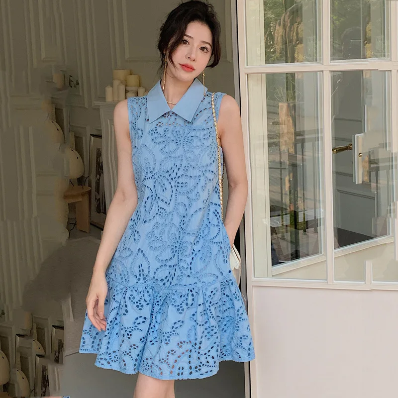 French niche water-soluble lace dress 2023 summer lapel sleeveless hollowed out ruffle hem two-piece set