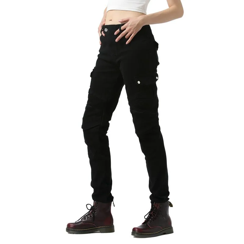 Loong Biker Motorcycle Jeans Female Knight Riding Trousers Moto Casual Pants Wear-Resistant Material Inside Black Color