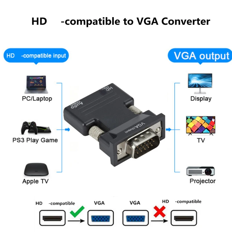 Kompatybilny z HDMI żeński konwerter męski na VGA Adapter z kablem Audio 3.5mm do monitora PS4 projektor PC laptopy 1080P HD do VGA