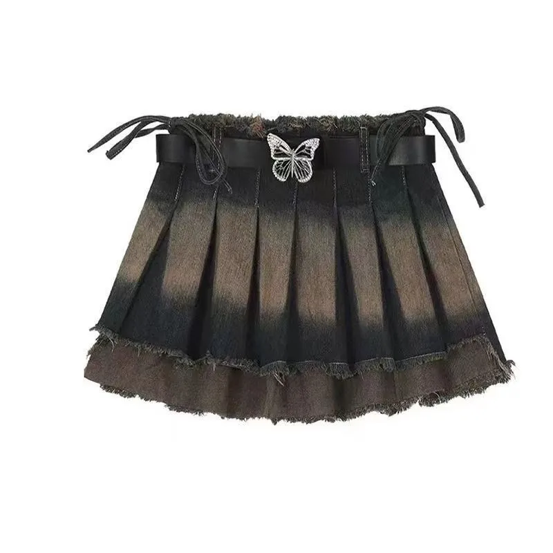 กระโปรงยีนส์สไตล์เรโทรอเมริกัน ผู้หญิง ฤดูร้อน 2025 ใหม่ สไตล์สาวเปรี้ยว ทันสมัย กระโปรงพลีททรงเอ เอวสูง