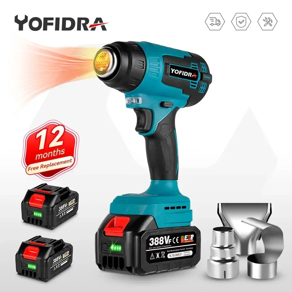 Yofidra 2000W Electric Heat Gun for Makita 18V Battery Cordless Handheld Hot Air Gun with 3 Nozzles Industrial Home Hair Dryer