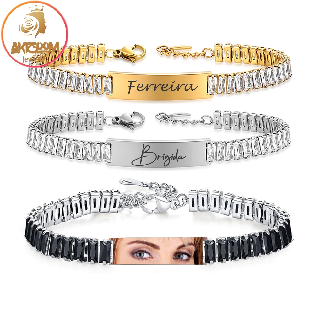 

Akizoom Custom Engraved Eye Picture Zircon Bracelets For Women Men Stainless Steel Personalized Name Date Bracelet Jewelry Gift