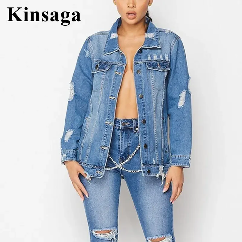 

Women Boyfriend Oversized Ripped Hole Long Denim Jacket Spring Autumn Diressed Blue Loose Casual Long Jeans Coat Jean Outwear