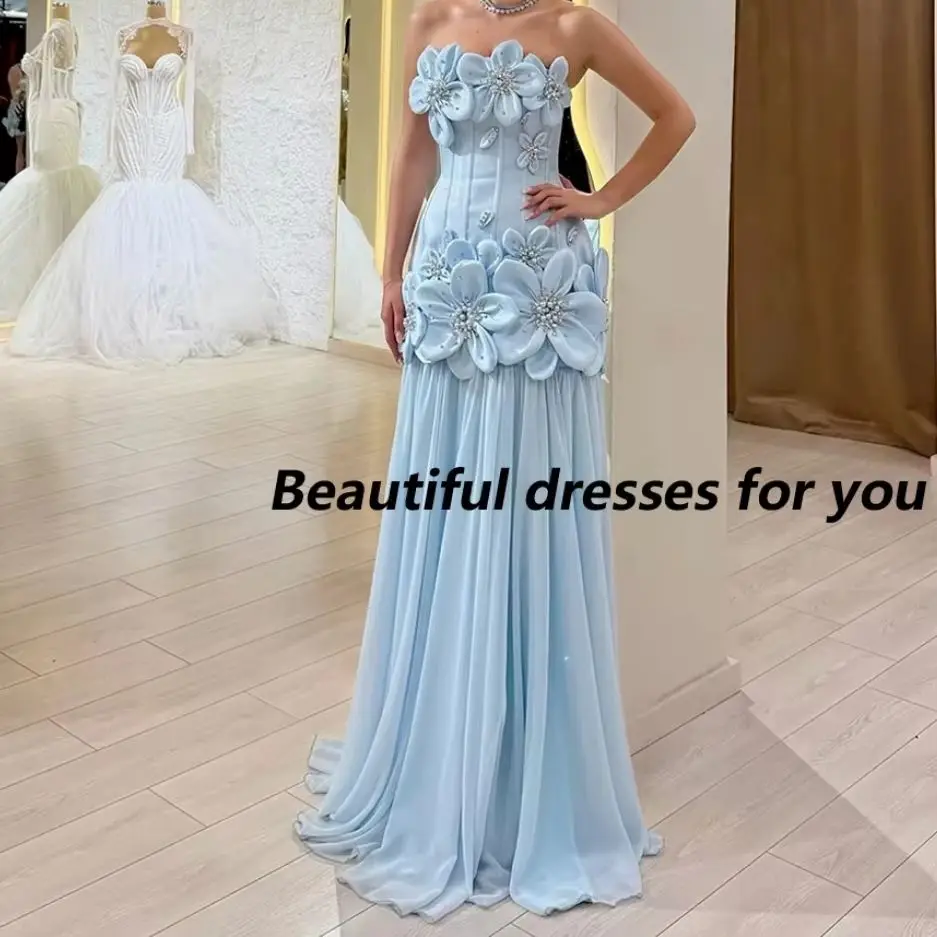 Sexy trägerloses Abendkleid, maßgeschneidert, ärmellos, handgefertigte Blumen, Perlen, A-Linie, Sweep-Train, Tanzkleid, Partykleid, Ballkleider
