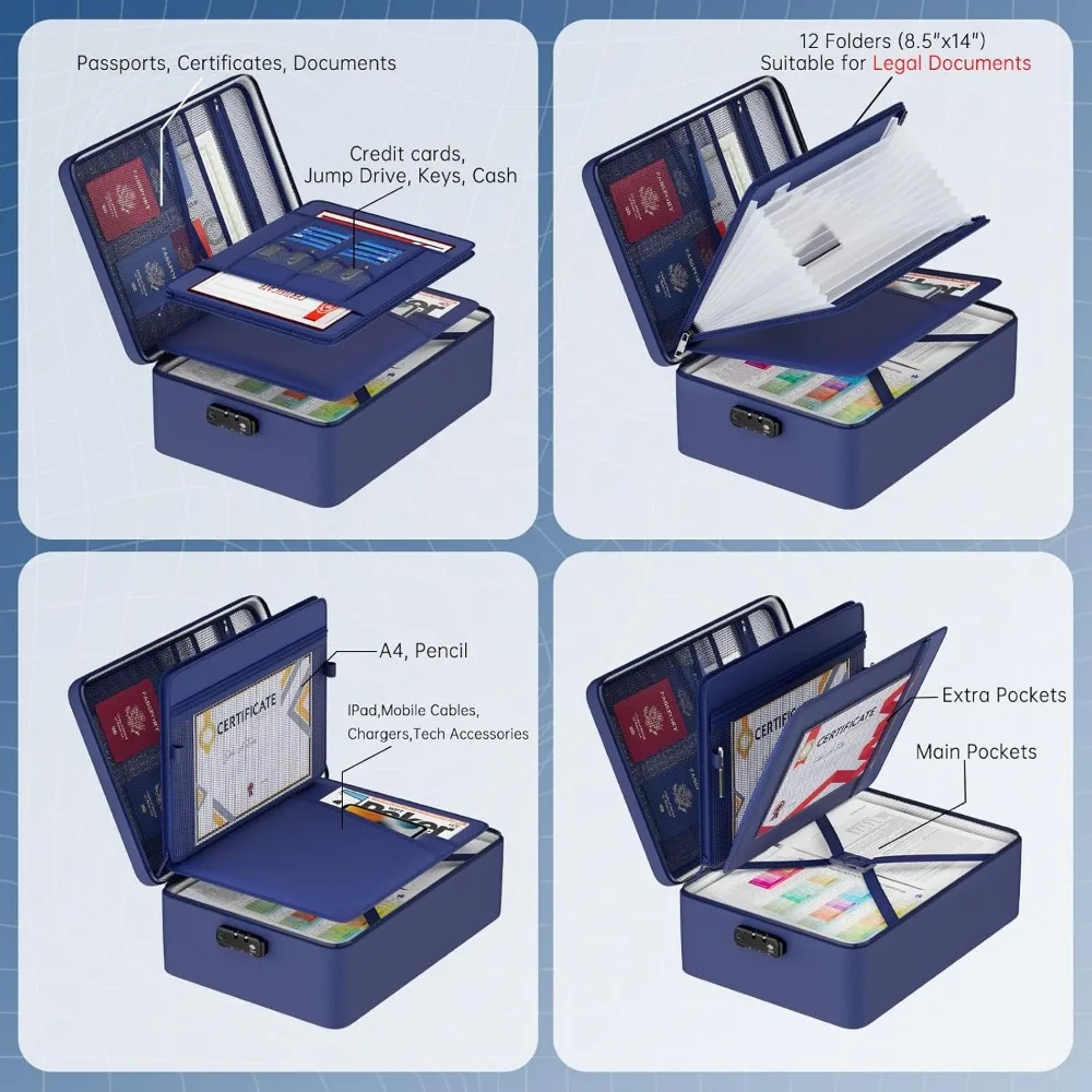 Fireproof Document Bag with Lock, Waterproof Storage Organizer, 13 File Folders, Portable Safe for Home Travel Office