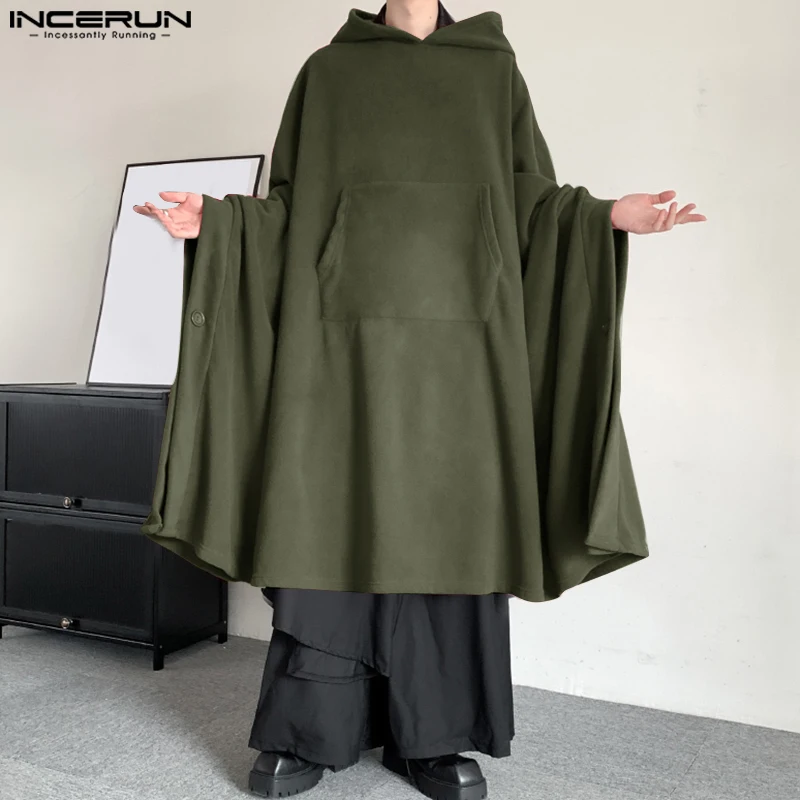 INCERUN Men Loose Solid Color Cloaks 2024 Casual Korean Style Simple Trench Handsome Buttons Leisure Commuting Tops Male Coats