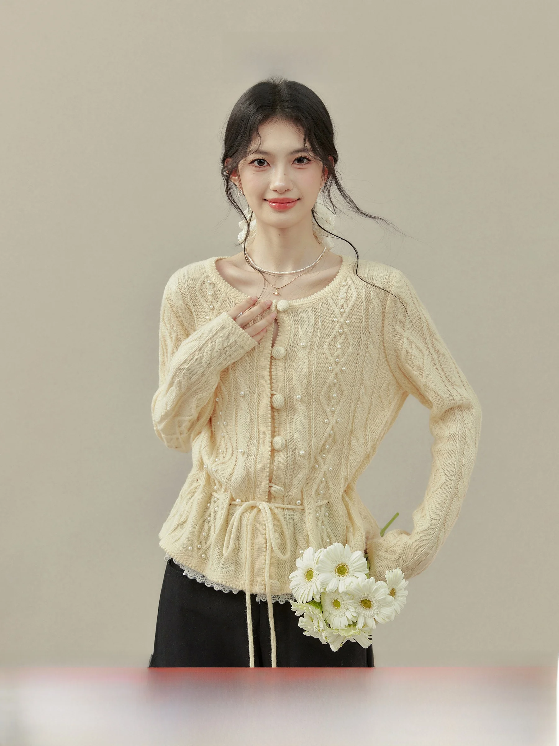 

Yellow Short Knitted Sweater round Neck Tie Waist Open Cardigan Inner Wear for Plump Women Casual Style Comfortable Fit Spring