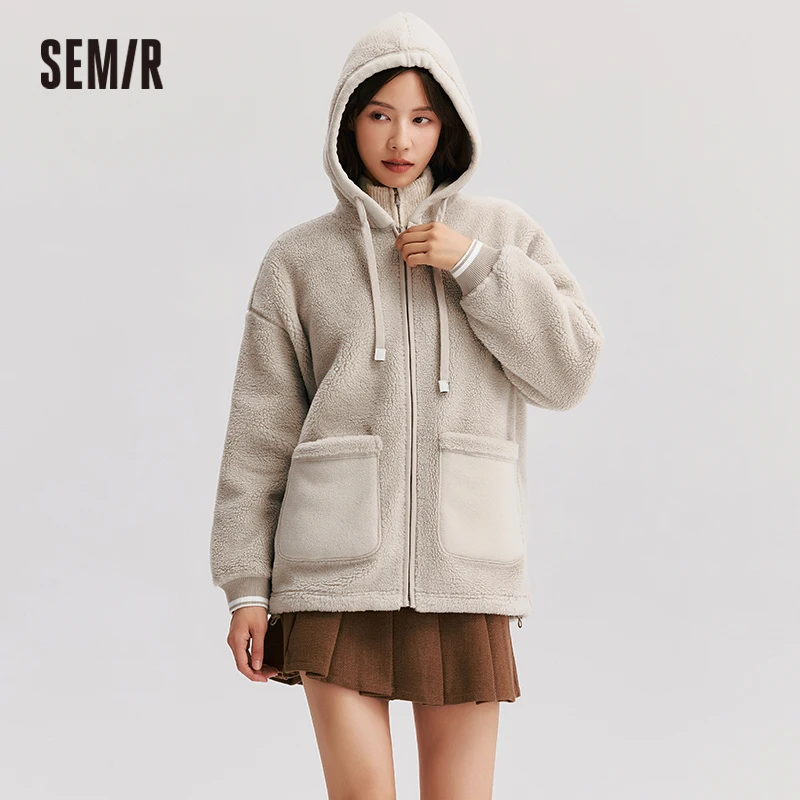 Semir Coat Women Imitation Lamb Wool Polar Fleece Double-Sided Wear Loose 2024 New Winter Contrast Color Simple Hooded Jacket