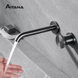Luxury gun gray brass wall mounted bathroom faucet with concealed single handle, dual control of hot and cold, simple basin Tap