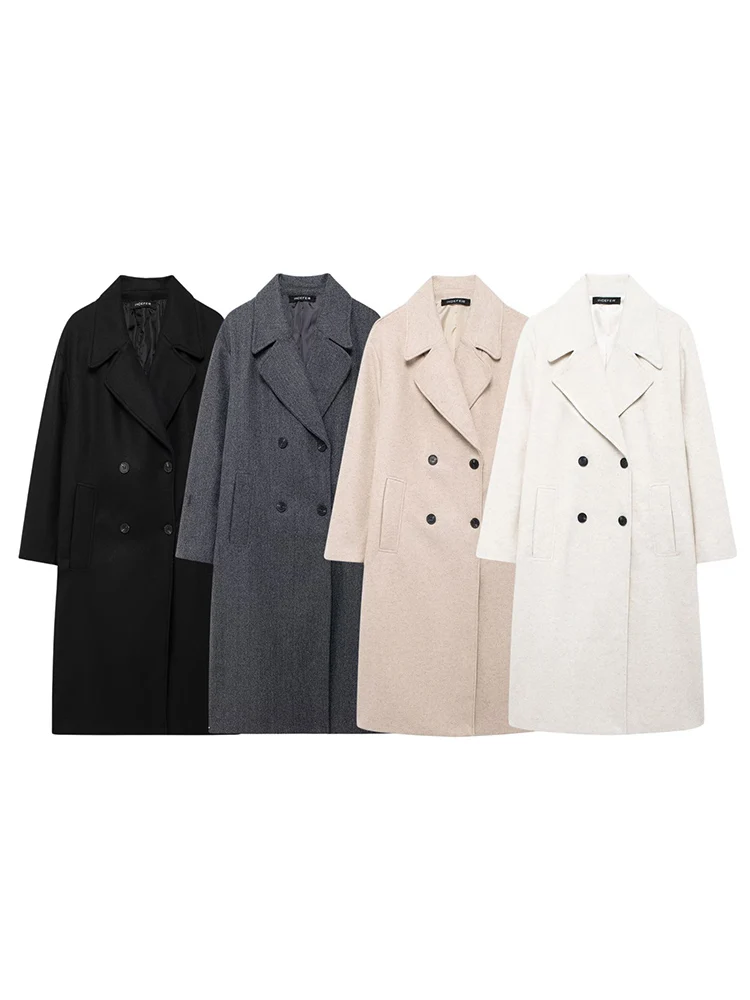 

HH 2024 Women Warm Thick Woolen Coat Lapel Double Breasted Loose Jacket Medium Length Overcoat Trench Windbreaker Outwear