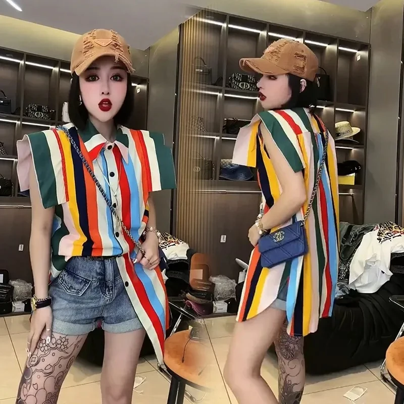 Women Casual Shirts Fly Sleeveless Blouses Colorful Stripped Print Woman Shirts Young Ladies Designer Blouses Street Tops NZ293