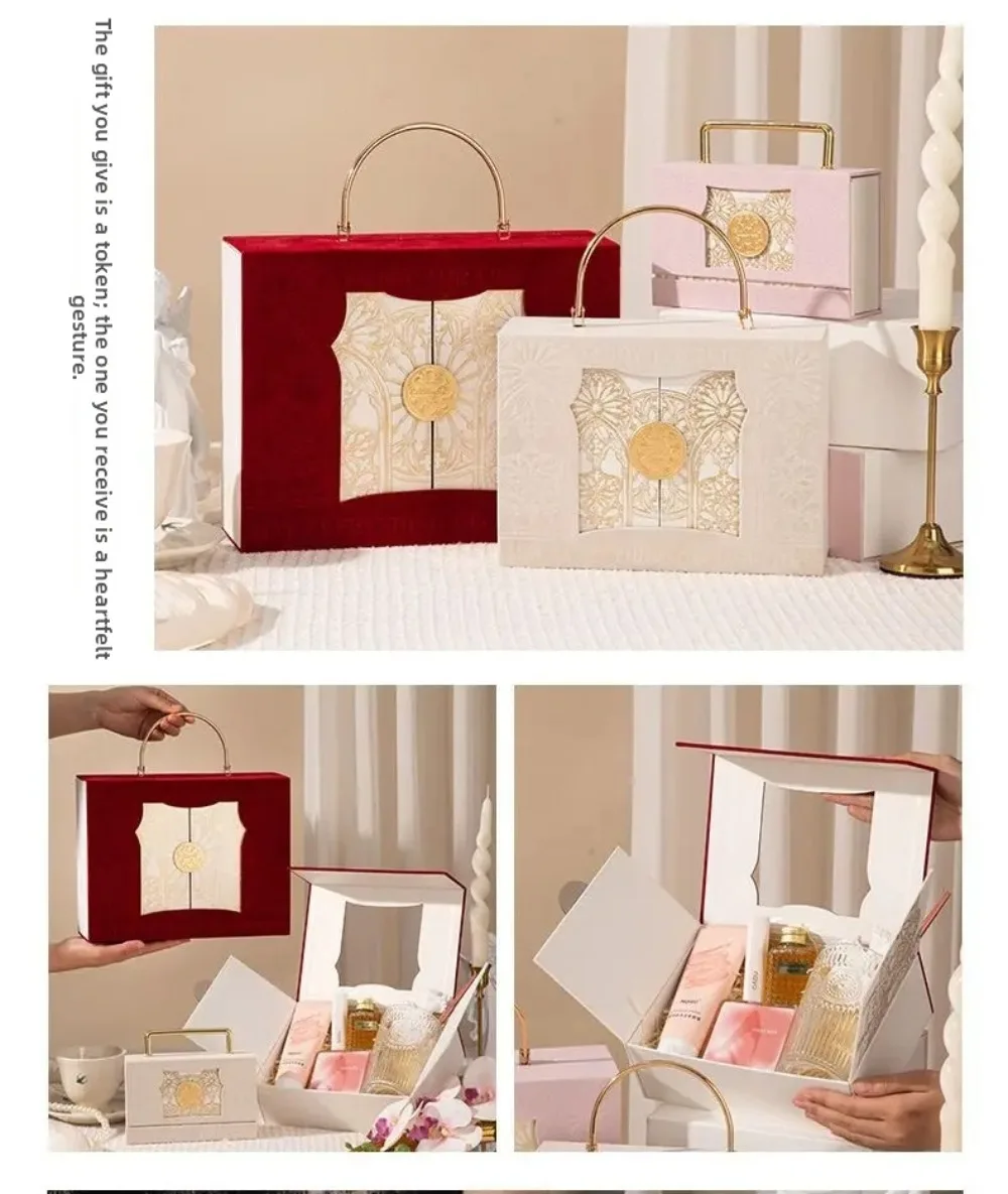 Europäische Barock-Wildleder-Geschenkbox, aufklappbare Handverpackungsboxen, doppelt öffnende Metallgriff-Süßigkeitenboxen – Detail 11