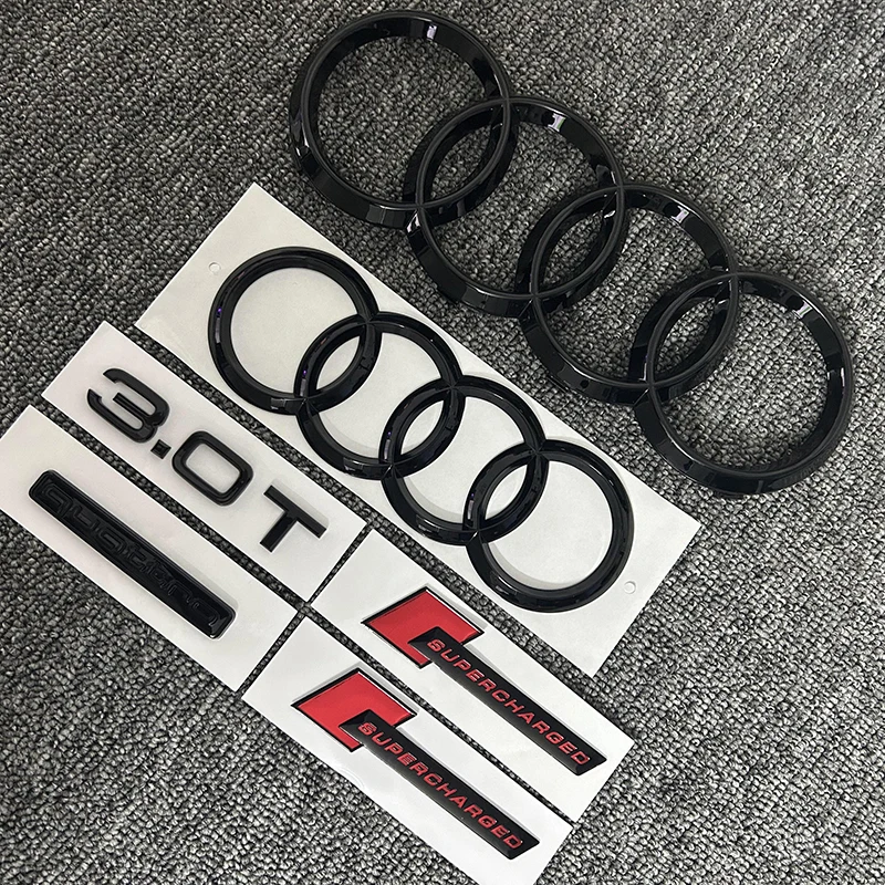 2PCS 4Ring logo ABS Black Car Hood Front Grill Rear Trunk Sticker 1P A7 1P Quarrto 1P 3.0T 2P supercharged For AUDI A7 2012-2018