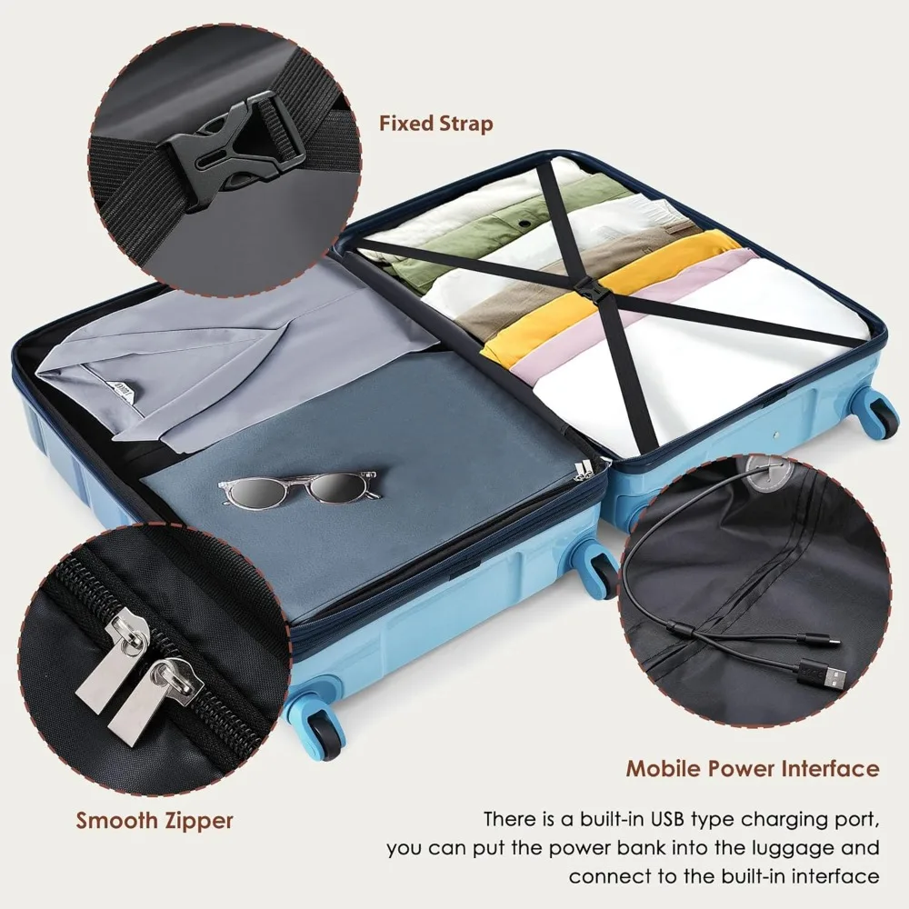 Conjunto de bagagem giratória hardside de 3 peças, listra azul marinho, 20/24/28 polegadas