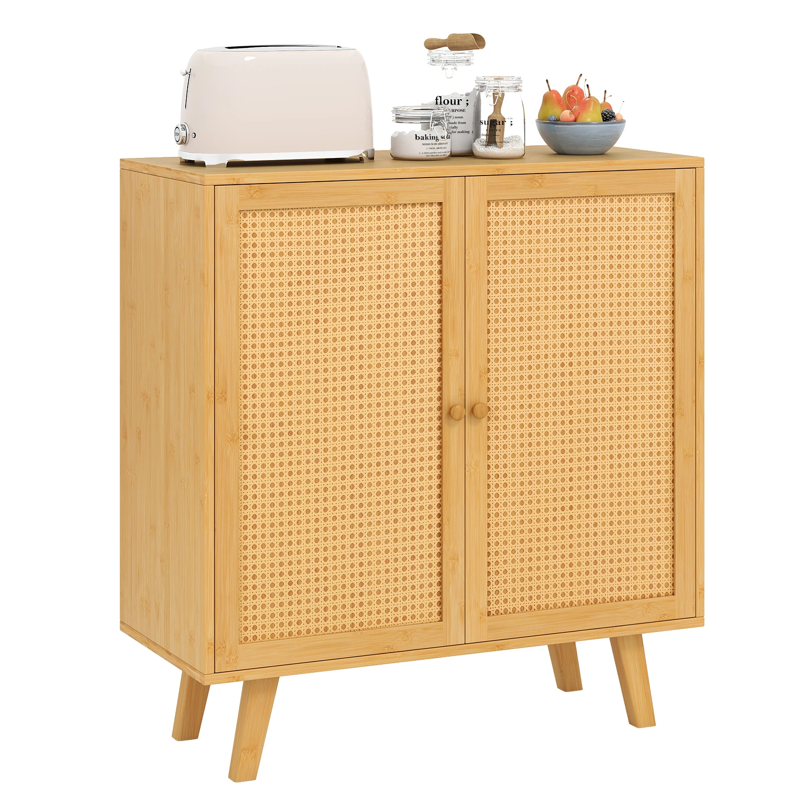

Bamboo Buffet Cabinet with PE Rattan Doors Freestanding Kitchen Cupboard