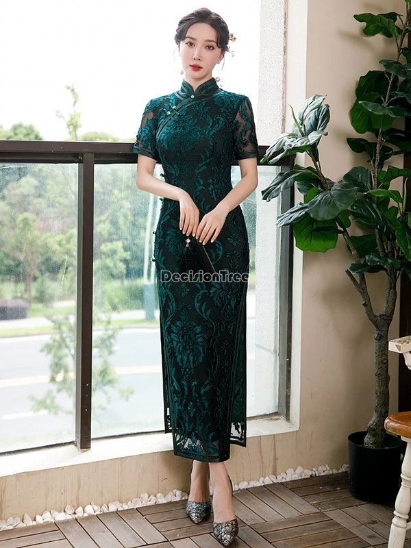 2024 velvet jacquard long chinese short sleeve long cheongsam women hollow out design sexy elegant slimming party qipao dress