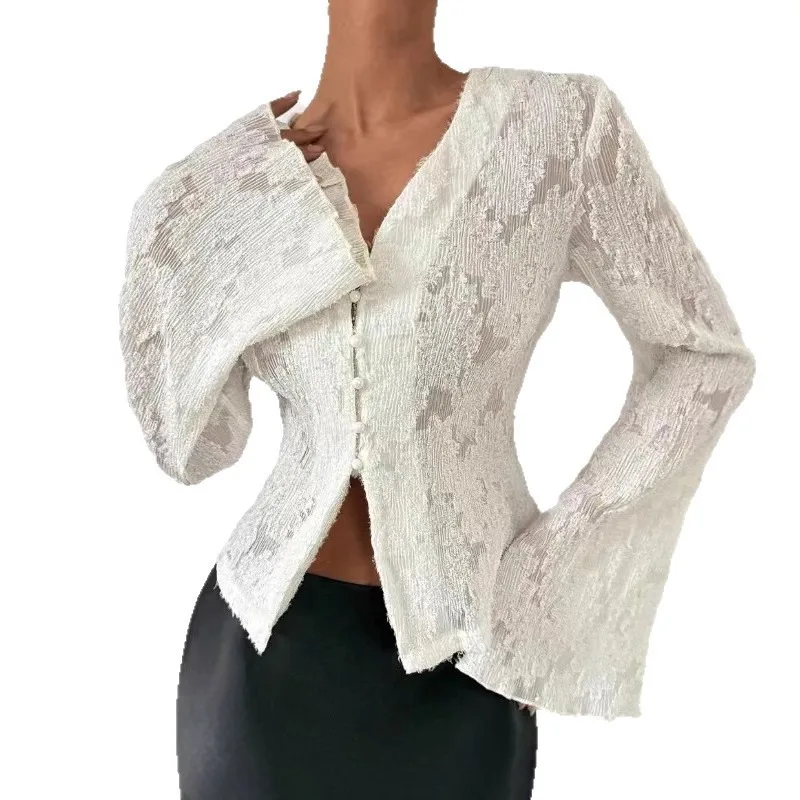 2025 decote em v jacquard renda elegante camisa outono novas mulheres magro ajuste blusa nova primavera moda trompete manga sexy oco curto topo