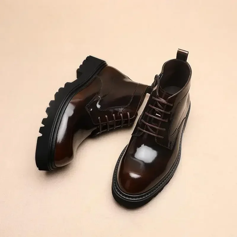 

2025 Autumn and Winter New Business Casual Men's Boots Fashion Platform Leather Lace-up Leather Boots Trendy Men's Shoes