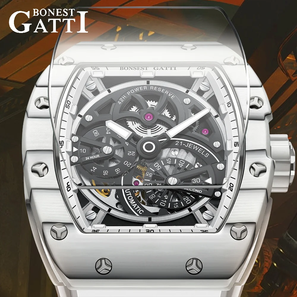 BONEST GATTI German Brand Automatic Movement Mechanical Watch Business Carbon Fiber Bezel Tonneau 30ATM Night Light BG-9004