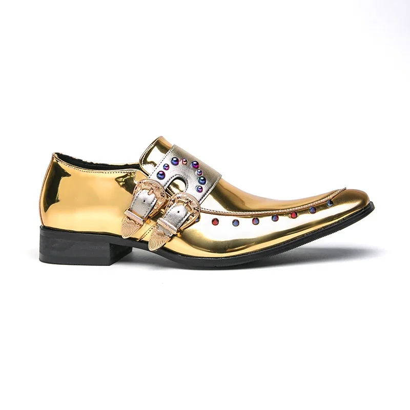 New Gold Double Buckle Wedding Men Shoes Loafers Rivet Breathable Fashion Handmade Men's Business Shoes  Size 35-46