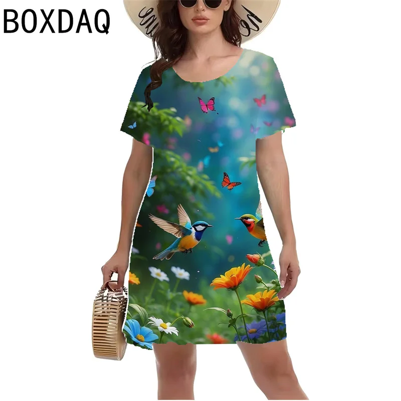 2024 New Women Casual Dress 3D Colorful Butterfly Landscape Print Mini Dress Summer Short Sleeve O-Neck A-Line Dress Vestidos