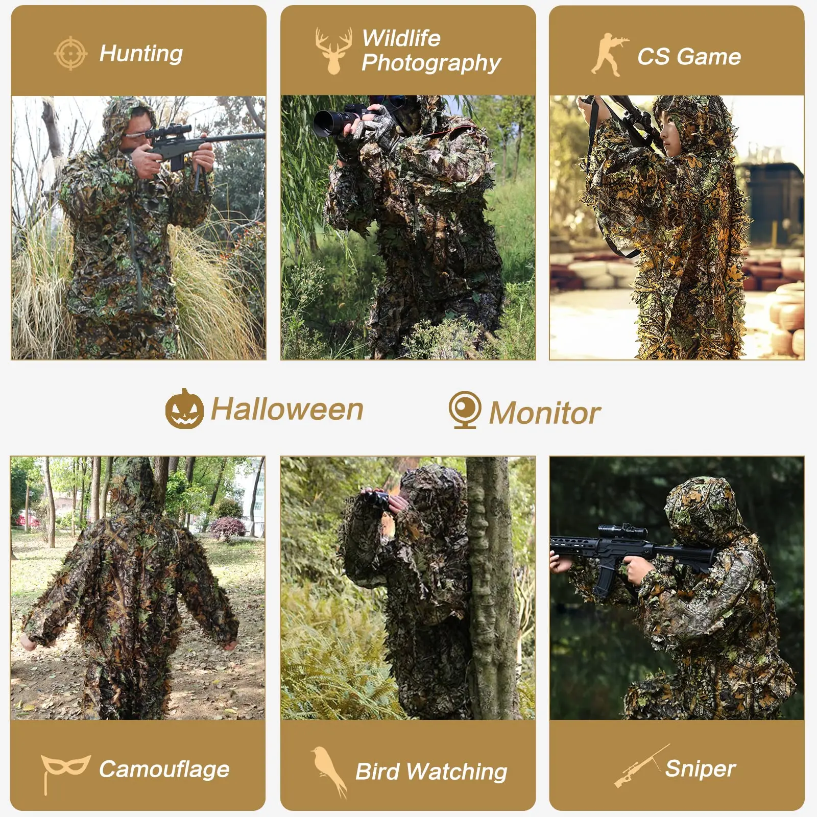 JOAXOR Ghillie Suit 3D Leafy Camo Hunting Suits Woodland Gilly Suits Gillies Suits for Men Leaf Camouflage Hunting Suits