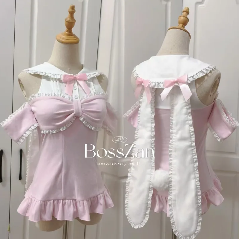 Japanse Stijl Zoete Schattige Roze Blouse Dames Lange Konijn Oor Off-Shoulder Boog Nep Twee Stukken Lolita Top shirt Kawaii Kleding