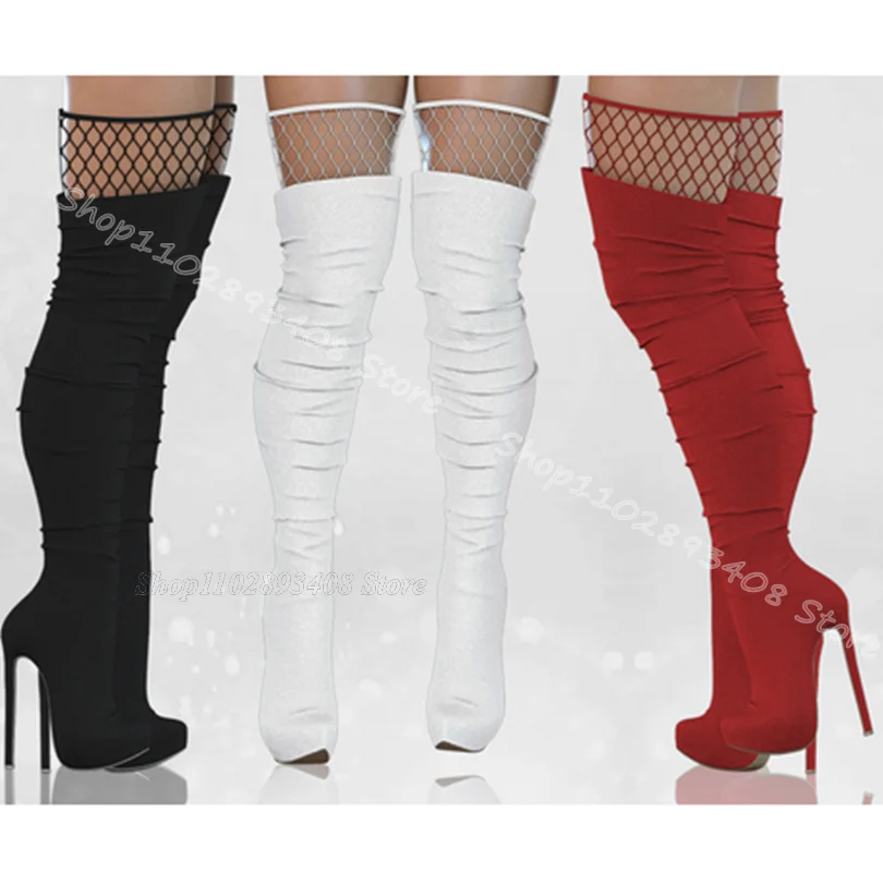 

Net Patchwork Design Over Knee Boots Round Toe Side Zipper British Style Fashion Party Sexy Women Boots 2024 Zapatos Para Mujere